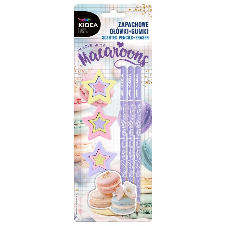 Комплект от 3 молива и 3 ароматизирани гумички Kidea Macaroons