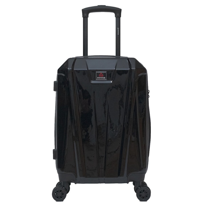 Troler de cabina Aventor AV103, policarbonat, 55x36x22 cm, bagaj de mana, folie de protectie, cifru TSA, negru