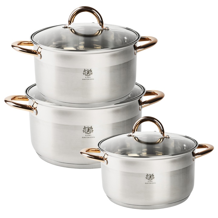 Set oale inox Karl Hausmann SOLID GOLD 4L, 5L, 6L, capace sticlă, argintiu