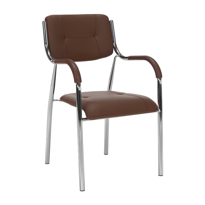 Scaun stivuibil, de conferinta, sali de asteptare, piele ecologica, metal, culoare maro, design elegant, sezut moale, 52x85x55 cm
