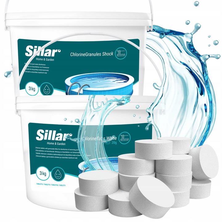 Комплект за басейн, таблетки хлор 3кг 20гр, бял + гранулат за дезинфекция на басейн Chlorine Granules Shock 3кг, Sillar