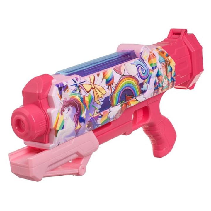 Pistol de apa „Unicorn Splash” 36 × 5, 5 × 17 cm CARODIS, plastic durabil cu imprimeu curcubeu si unicorni
