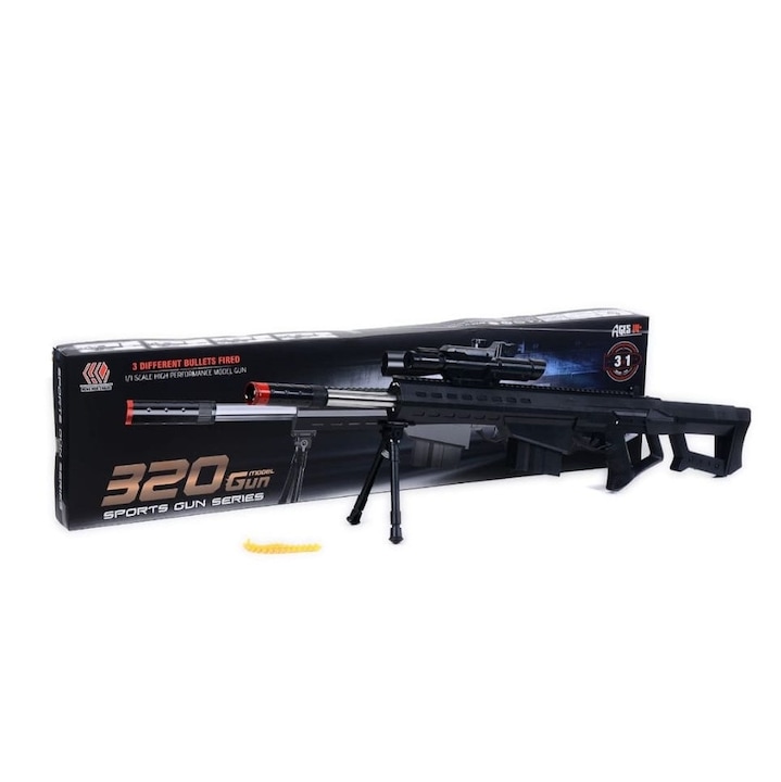 Pusca de jucarie 320 Model Gun, scara 1:1 – Sports Gun Series, cu luneta si 3 tipuri de gloante, suport inclus, 14+ ani