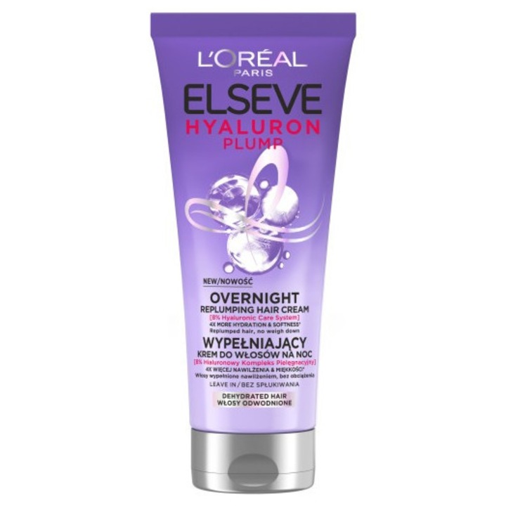 Crema de noapte pentru par, L'Oreal Paris, Hyaluron Plump, 200 ml, 8% complex hialuronic, fara clatire