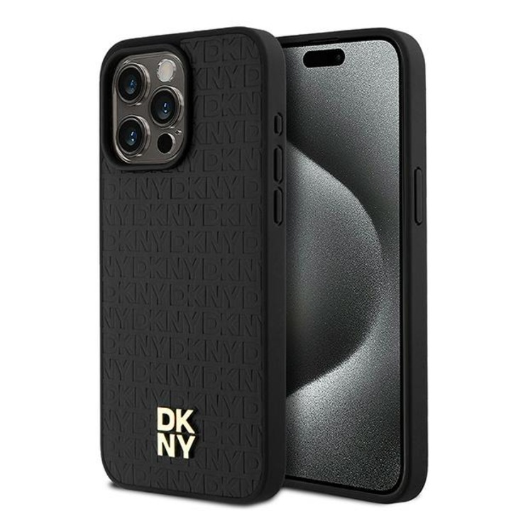 Carcasa DKNY Leather Monogram Pattern Metal Logo MagSafe, neagra, pentru iPhone 15 Pro Max 6.7"