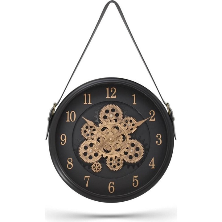Ceas de Perete Elegant cu Agatatoare Curea de Piele, Negru, 39 cm