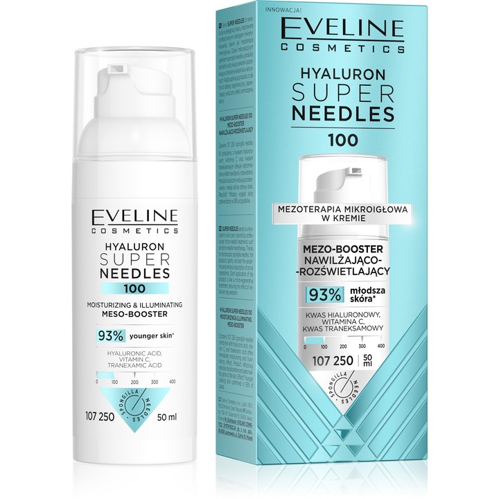 Eveline Hyaluron Super Needles 100 Meso-booster arckrém, hidratáló és ragyogást fokozó, 50 ml