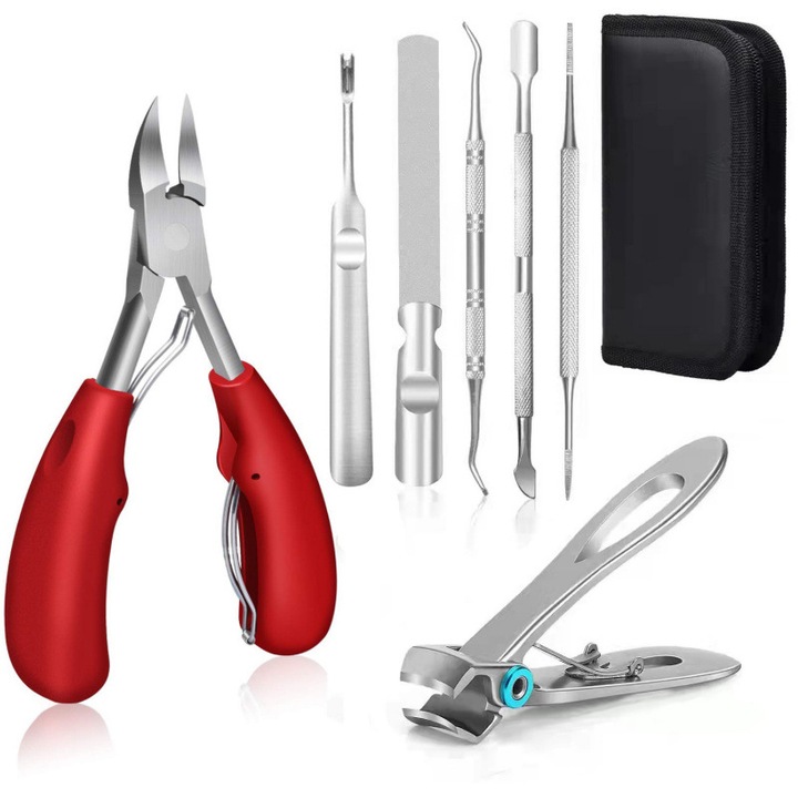 Set manichiura 7-in-1, unghiera curbata 18mm, cleste unghii 3.8cm, pila dubla fatetata, chiurete pentru cuticule, geanta depozitare