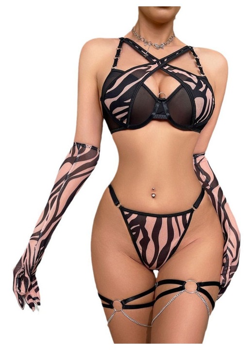 Set de Lenjerie Sexy, Lenjerie cu Bretele Sexy Leopard intima cu tanga si Manusi, Roz Provocator Negru, M