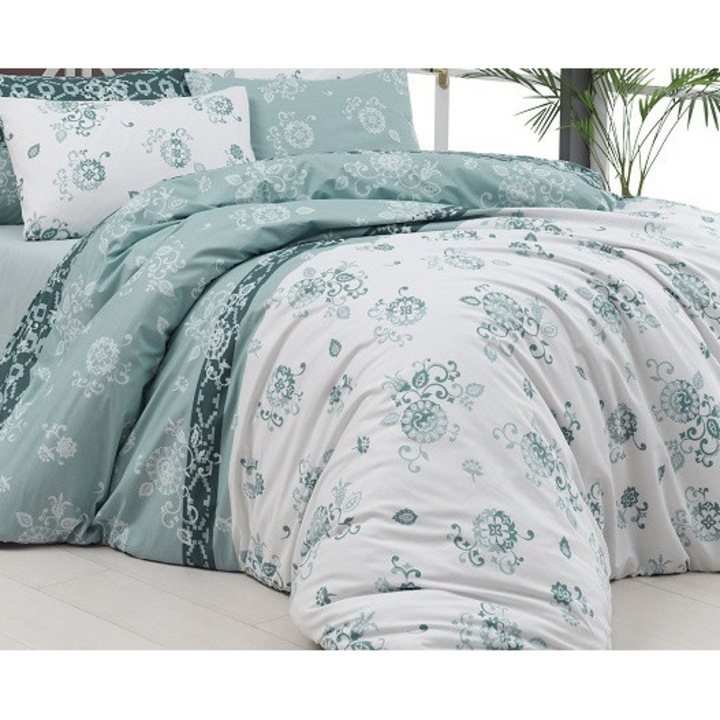 Комплект спално бельо, DemoHome DEPPO, двойно легло king size, изработено от 100% ранфорс памук с ТРАДИЦИОНЕН ЦВЕТЕН мотив, GREEN home - чаршаф с фина облегалка, чаршаф, 2 калъфки за възглавници