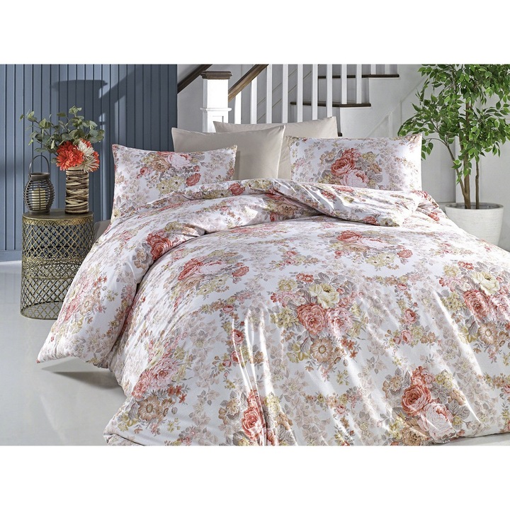 Комплект спално бельо, DemoHome DEPPO, двоен размер king size, изработен от 100% ранфорс памук с шарка DREAM GARDEN, WHITE at home - чаршаф с фина облегалка, чаршаф, калъфки за възглавници