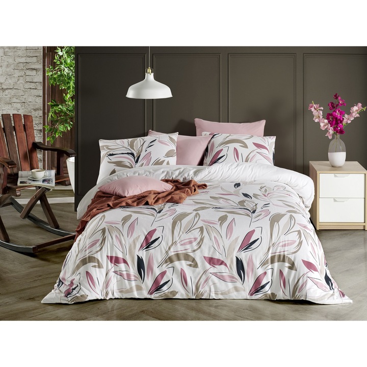 Спално бельо DemoHome DEPPO, двоен размер king size, 100% ранфорс памук с шарка MODERN TULIPS, PINK home - чаршаф с фина облегалка, чаршаф, 2 калъфки за възглавници