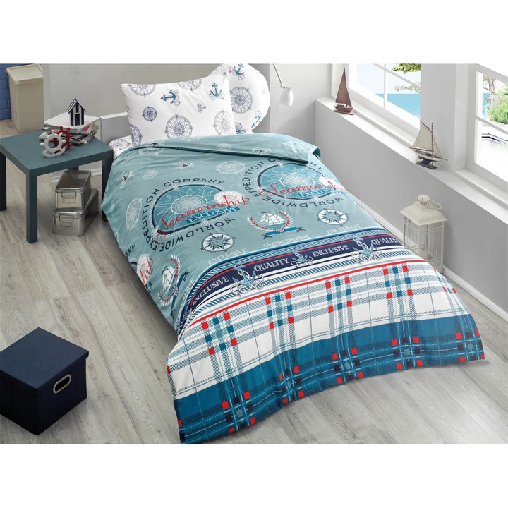 Комплект спално бельо, DemoHome DEPPO, единичен, 100% памучен ранфорс с шарка MARINE EXPEDITION, MULTICOLOR home - чаршаф с фина облегалка, чаршаф, калъфка за възглавница
