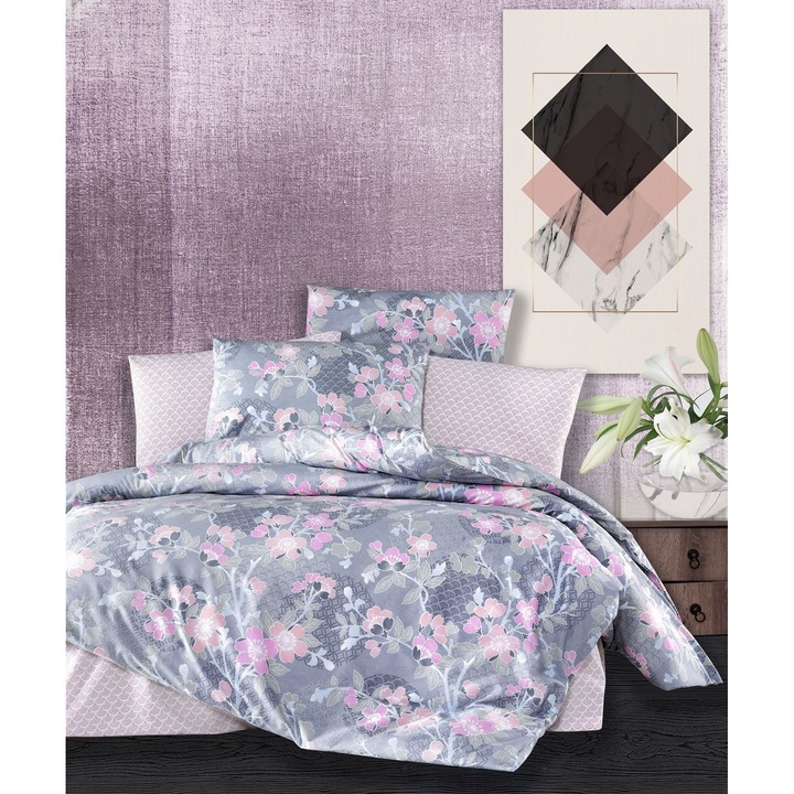 Комплект спално бельо, DemoHome DEPPO, двойно легло king size, изработено от 100% ранфорс памук с шарка DUSK FLOWER, СИВО, at home - чаршаф с фина облегалка, чаршаф, 2 калъфки за възглавници