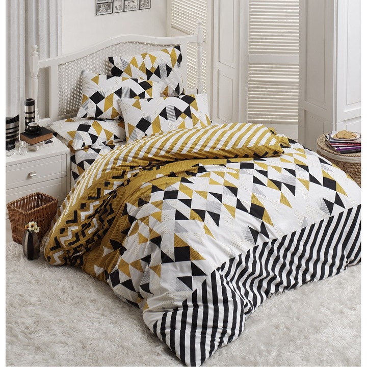 Set lenjerie de pat, DemoHome DEPPO, bumbac ranforce, multicolor, king size, 4 piese, 200 x 220 cm