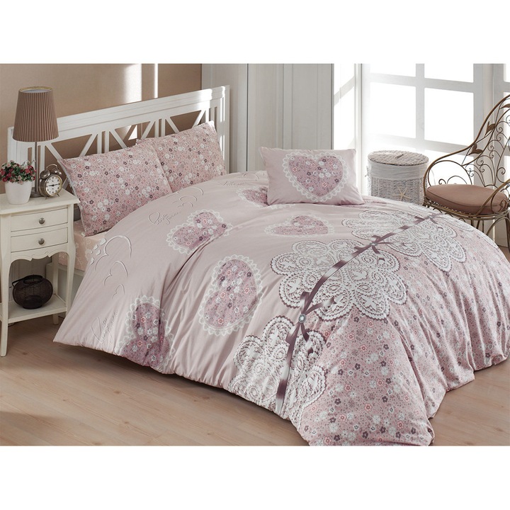 Комплект спално бельо, DemoHome DEPPO, двойно легло king size, изработено от 100% ранфорс памук с шарка ДАНТЕЛА СЪРЦА, PINK home - чаршаф с фина облегалка, чаршаф, 2 калъфки за възглавници