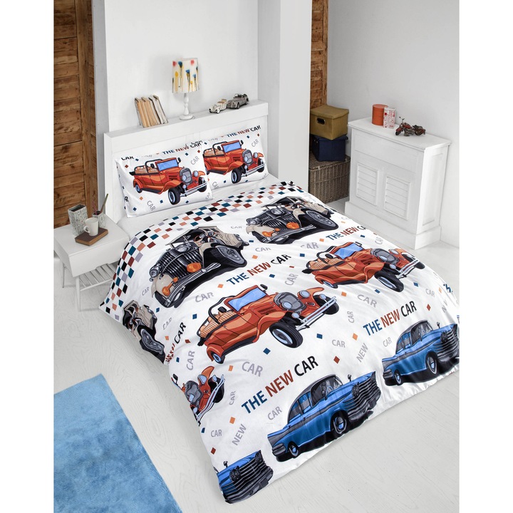 Комплект спално бельо, DemoHome DEPPO, единичен, 100% памучен ранфорс с шарка КЛАСИЧЕСКИ КОЛИ, WHITE home - чаршаф с фина облегалка, чаршаф, калъфка за възглавница