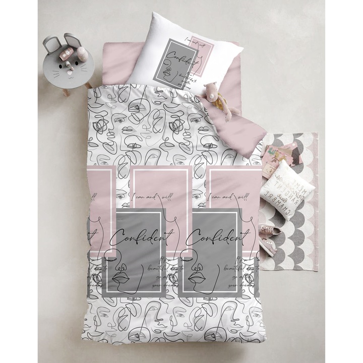 Комплект спално бельо, DemoHome DEPPO, единичен, 100% памучен ранфорс с шарка ENIGMA, WHITE home - чаршаф с фина облегалка, чаршаф, калъфка за възглавница