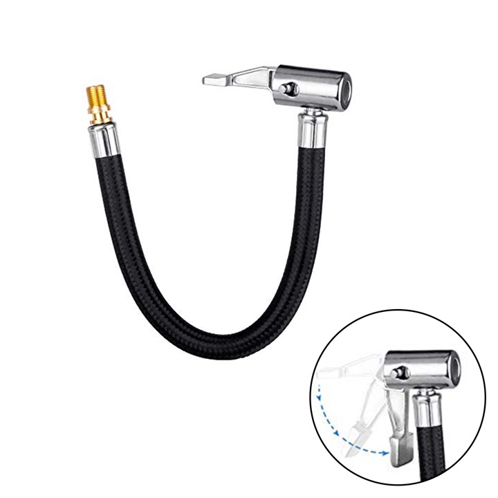 Furtun pompa de umflat, TREXORA, extensie rapida 25cm, conexiune filetata, maner din alama, negru