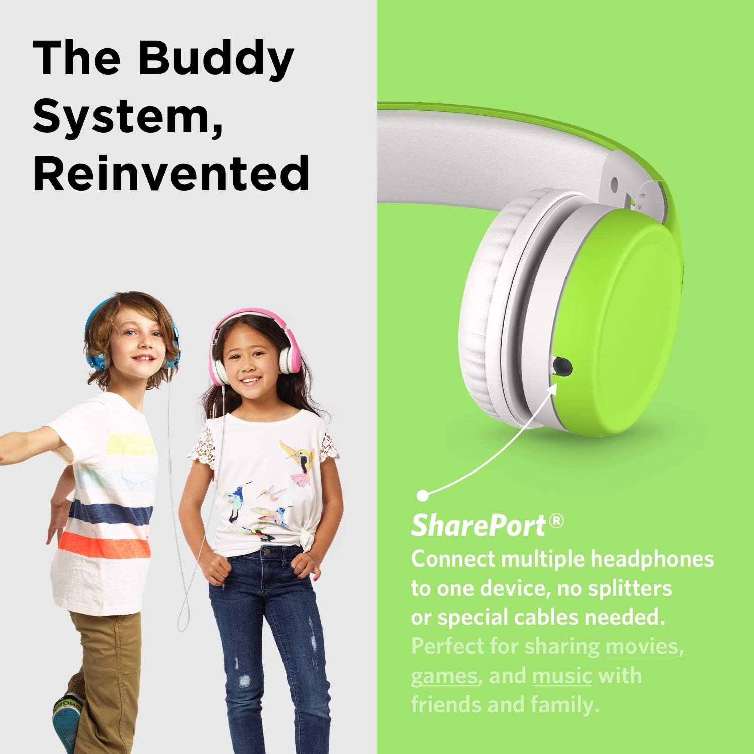 Casti on-ear pentru copii LilGadgets connect+ ® cu microfon si control volum, design pliabil, compatibilitate universala, tehnologie shareport, captuseala moale, limitare volum 93 db, verde