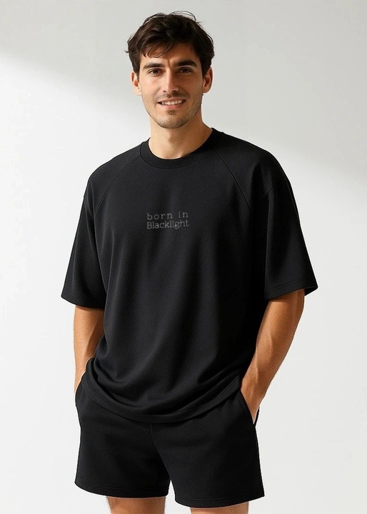 Trening de vara Barbati CLANDESTINE BLACK SYNK Born in Blacklight P25 oversized & pantaloni scurti negru