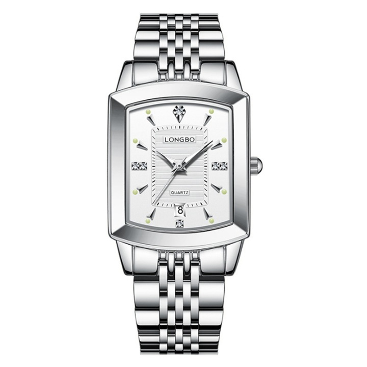 Ceas de mana barbati, Ideko, Longbo, metal complet, argintiu, cu functie luminoasa