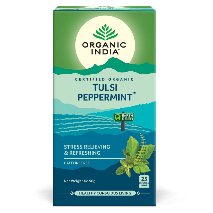 Ceai Tulsi Busuioc Sfant Menta, ORGANIC INDIA, Amestec Adaptogen Reimprospatant, 100% certificat organic, 25 plic, BIO