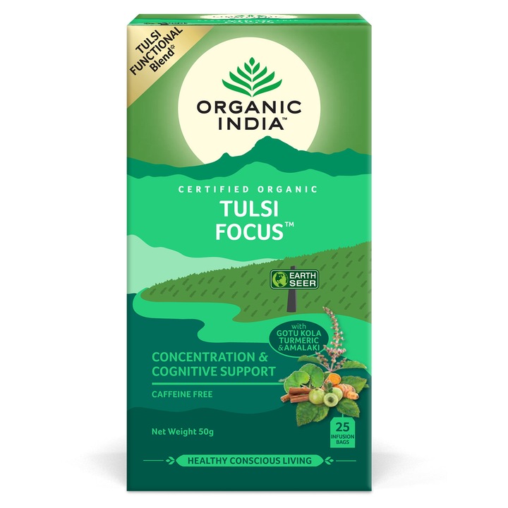 Ceai Tulsi Busuioc Sfant Focus, ORGANIC INDIA, Amestec Concentrare si Sprijin Cognitiv, 100% certificat organic, 25 plic, BIO