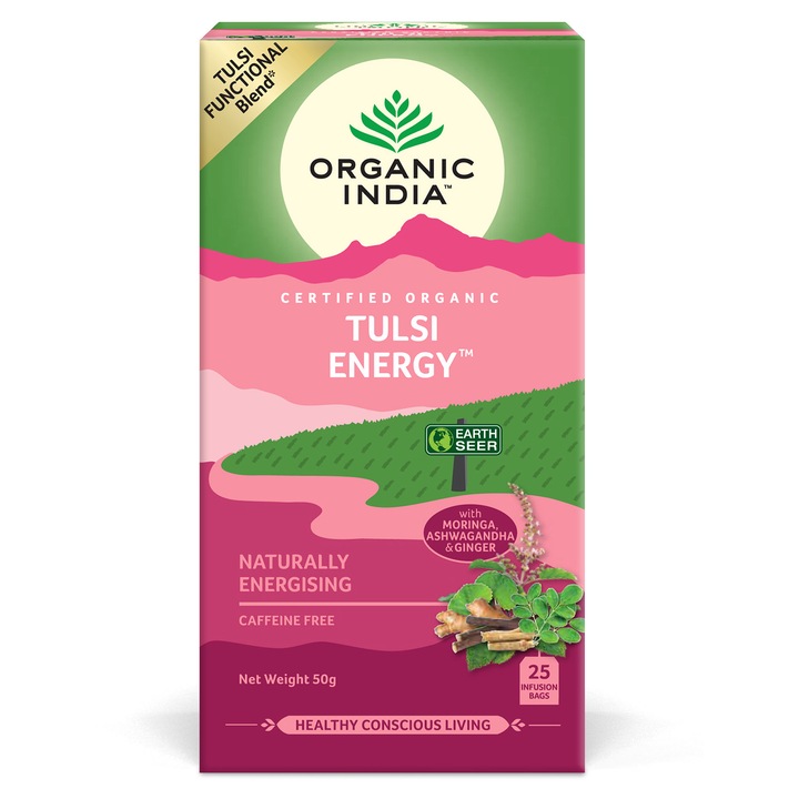 Ceai Tulsi Busuioc Sfant Energy, ORGANIC INDIA, Amestec Adaptogen Energizant Natural, 100% certificat organic, 25 plicuri, BIO