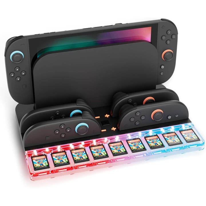 Dock de incarcare 4-in-1 pentru Nintendo Switch 2, cu 9 sloturi pentru jocuri, iluminare RGB, design compact