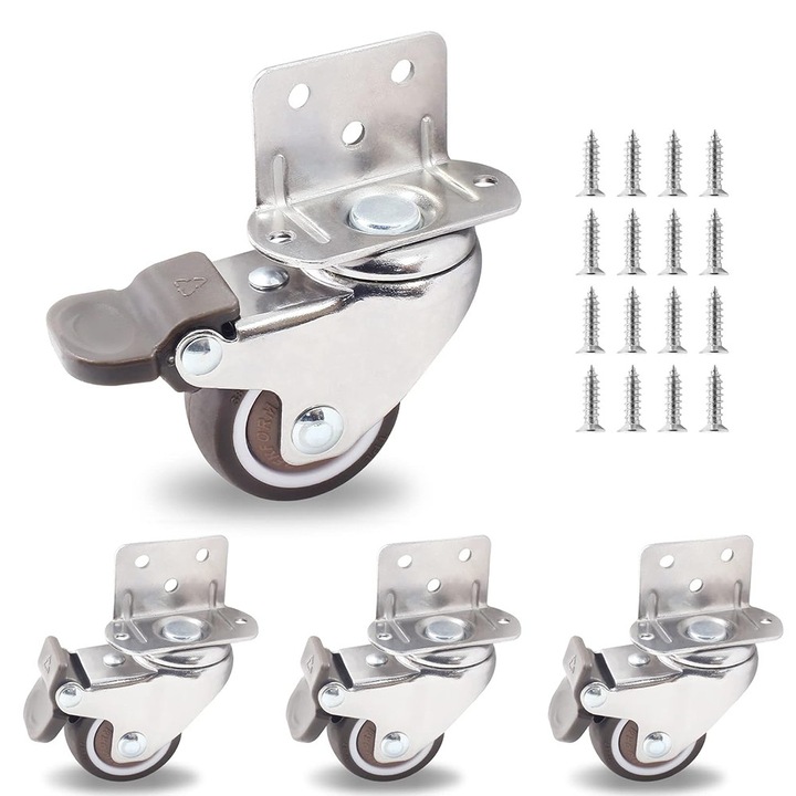 Set de 4 roti pivotante cu frana, BOMSTOM, capacitate 40 Kg, argintii, pentru mobila si ghivece
