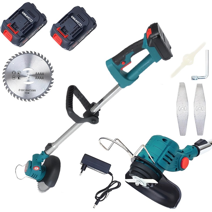 Motocoasa Electrica Portabila GREATON, Trimmer Fara Fir Cu 3 Moduri De Taiere Pentru Iarba Si Gazon, Brat Reglabil, 2 Acumulatori, 21 V, 1000w, 1800 Rpm, Culoare Albastra