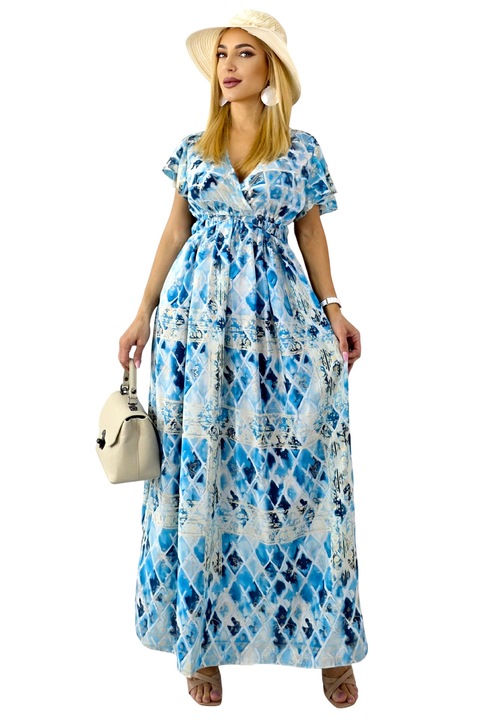 Rochie lunga ISHANI, cu aspect matasos si ciucuri decorativi, Albastru, Marime universala S/M/L, FashionForYou