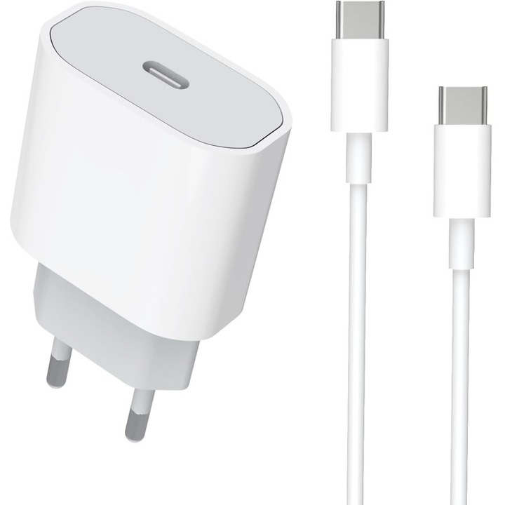 Set Incarcator Universal Fast Charge 20W si Cablu de Date Fast Charge 1M Type-C - Type-C, Rqiurpn, Pentru iPhone 16/16 Pro/16 Pro Max si alte dispozitive cu intrarea Type C, Alb