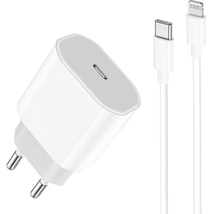 Incarcator Fast Charge, Rqiurpn, 20 W, 1M cablu de date Lightning, compatibil cu iPhone 14/13/12/11/Pro/Pro Max/iPad/AirPods, Alb