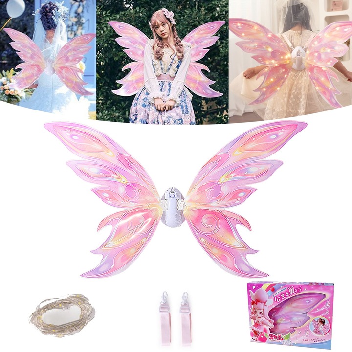 Aripi electrice pentru zane, cu lumina LED si vibratii, Aripile stralucitoare ale ingerului se levina automat pentru copii care pot purta cadou printesa de jucarie，1 set，Culoare