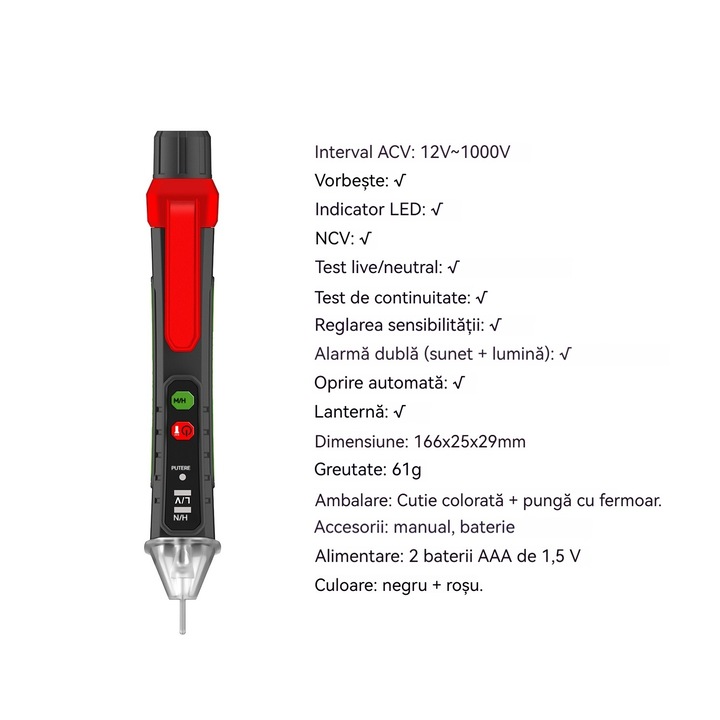 Stilou tester de tensiune non-contact 12V-1000V, Onezili, tester eficient de fir in tensiune (fir cald), stilou tester electric usor de folosit, pentru comutatoare, prize, aparate electrice etc