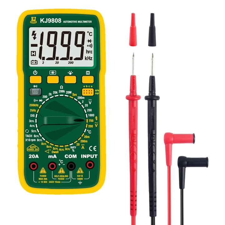 Onezili digitális autós multiméter, megvilágítással, zseblámpával, zöld-sárga, 197x96x50mm