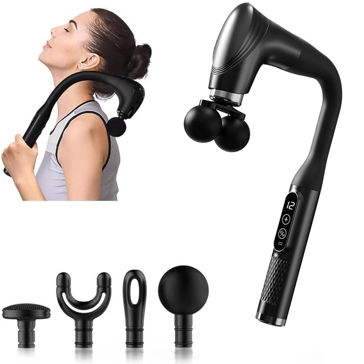 Masajor cu pistol, 7 capete intercambiabile, 5 moduri de masaj, 6 intensitati, culoare neagra, dimensiuni 30x10x15cm