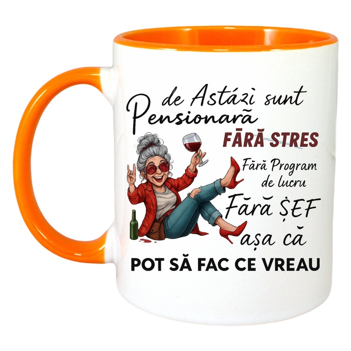Cana Chat sunt la pensie de azi, Cri-Flo, Ceramica, 330ml. Maner si interior Portocaliu