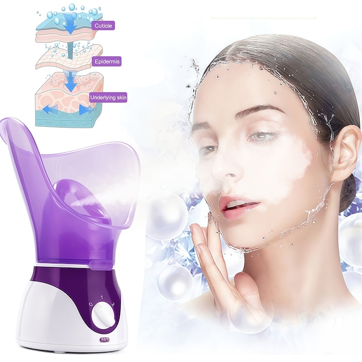 Сауна за лице, BestPlaza®, Нежен наноспрей, Дълбока хидратация, Дълбоко почистване, За отваряне на порите, Бърза атомизация, Функция Ароматерапия, 50мл, 130w, Виолетов