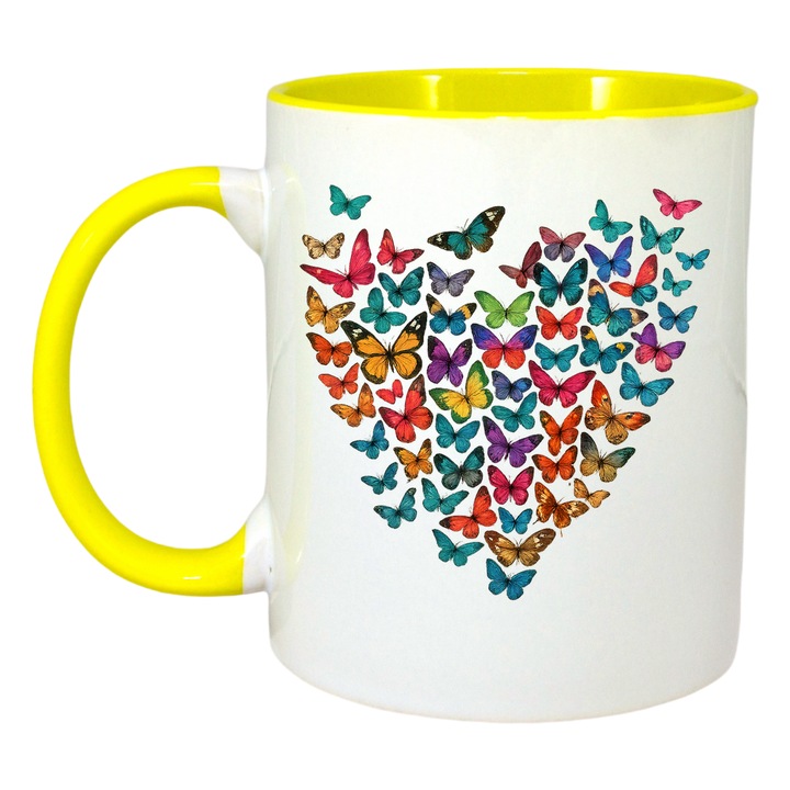 Cana Fluturi In forma de inima, Cri-Flo, Ceramica, 330ml. Maner si interior Galben