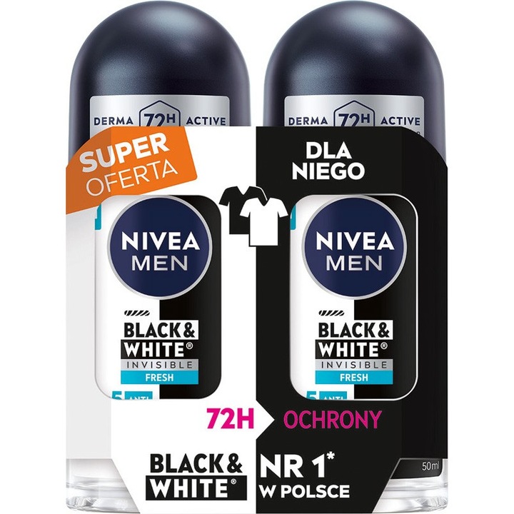 Antiperspirant Nivea Black&White Invisible Fresh set 2x50ml, 72 ore protectie, fara alcool