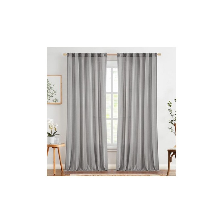 Set 2 Perdele din in, Gri-Bej, cu dungi rustice, cu bride, 140 x 245 cm