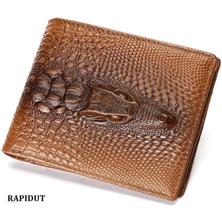 Portofel RAPIDUT® Barbati din Piele Naturala de Calitate Superioara, cu Loc de Permis, Slot pt carduri, Fermoar maruntis, Gravat cu crocodil, 12x9,7x2cm, Maro