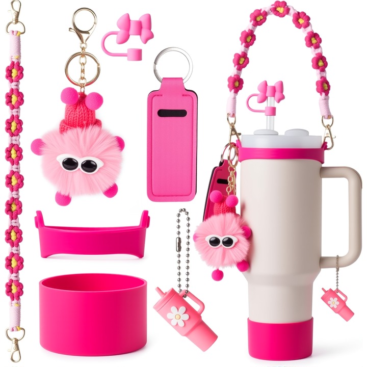 Stanley pohár kiegészítőkészlet, Omelivon®, fogantyúval, szilikon talppal, rúzstartóval, medálokkal, szívószálas tetővel, 890ml/1200ml-hez, ütésálló, leesésálló, élénk rózsaszín