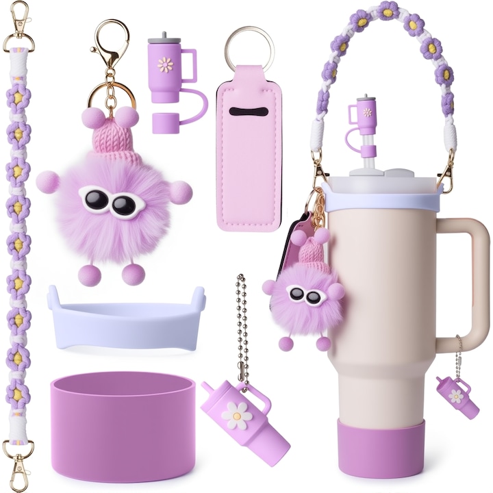 Stanley pohár kiegészítőkészlet, Omelivon®, fogantyúval, szilikon talppal, rúzstartóval, medálokkal, szívószálas tetővel, 890ml/1200ml-hez, ütésálló, leesésálló, lila