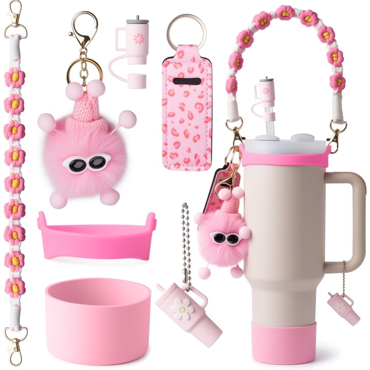 Stanley pohár tartozékkészlet, Omelivon®, fogantyúval, szilikon talppal, rúzstartóval, medálokkal, szívószálas tetővel, 890ml/1200ml-hez, ütésálló, leesésálló, rózsaszín