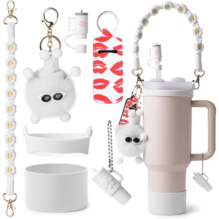 Stanley pohár tartozékkészlet, Omelivon®, fogantyúval, szilikon talppal, rúzstartóval, medálokkal, szívószálas tetővel, 890ml/1200ml-hez, ütésálló, leesésálló, fehér