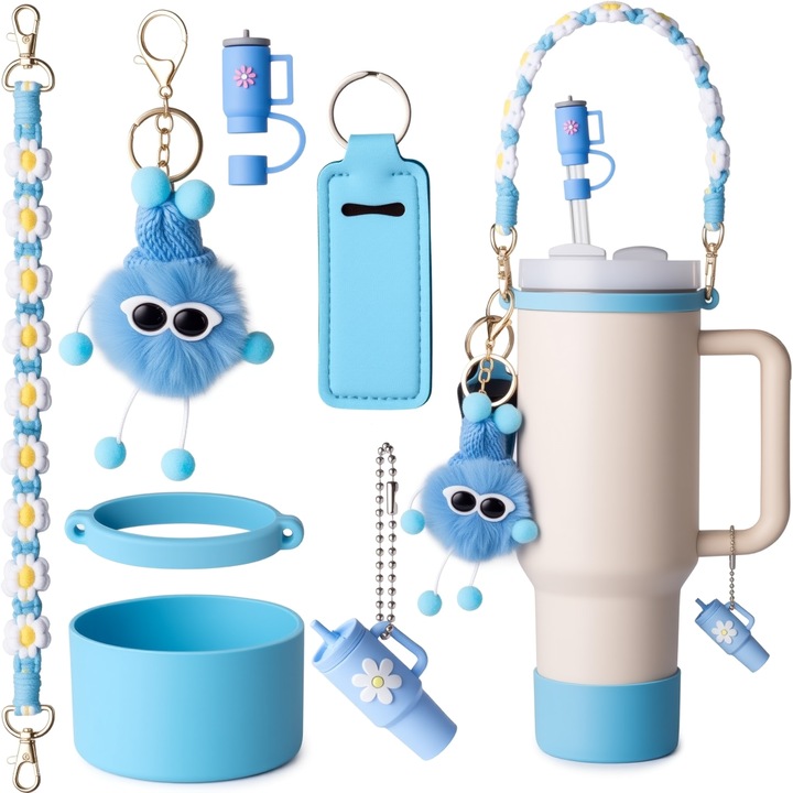 Stanley pohár tartozékkészlet, Omelivon®, fogantyúval, szilikon talppal, rúzstartóval, medálokkal, szívószálas tetővel, 890ml/1200ml-hez, ütésálló, leesésálló, kék